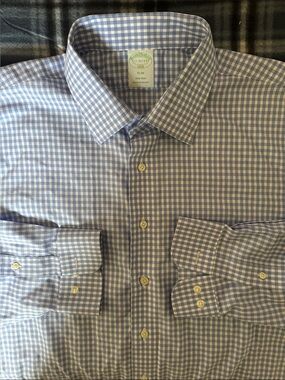 Brooks Brothers Slim Gingham Light Blue White Pattern Men’s Dress Shirt Size 17